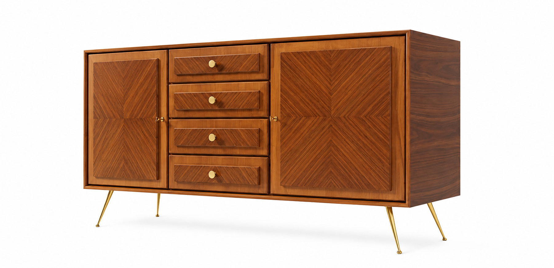 Mid-Century Modern Walnut Credenza with Brass Legs